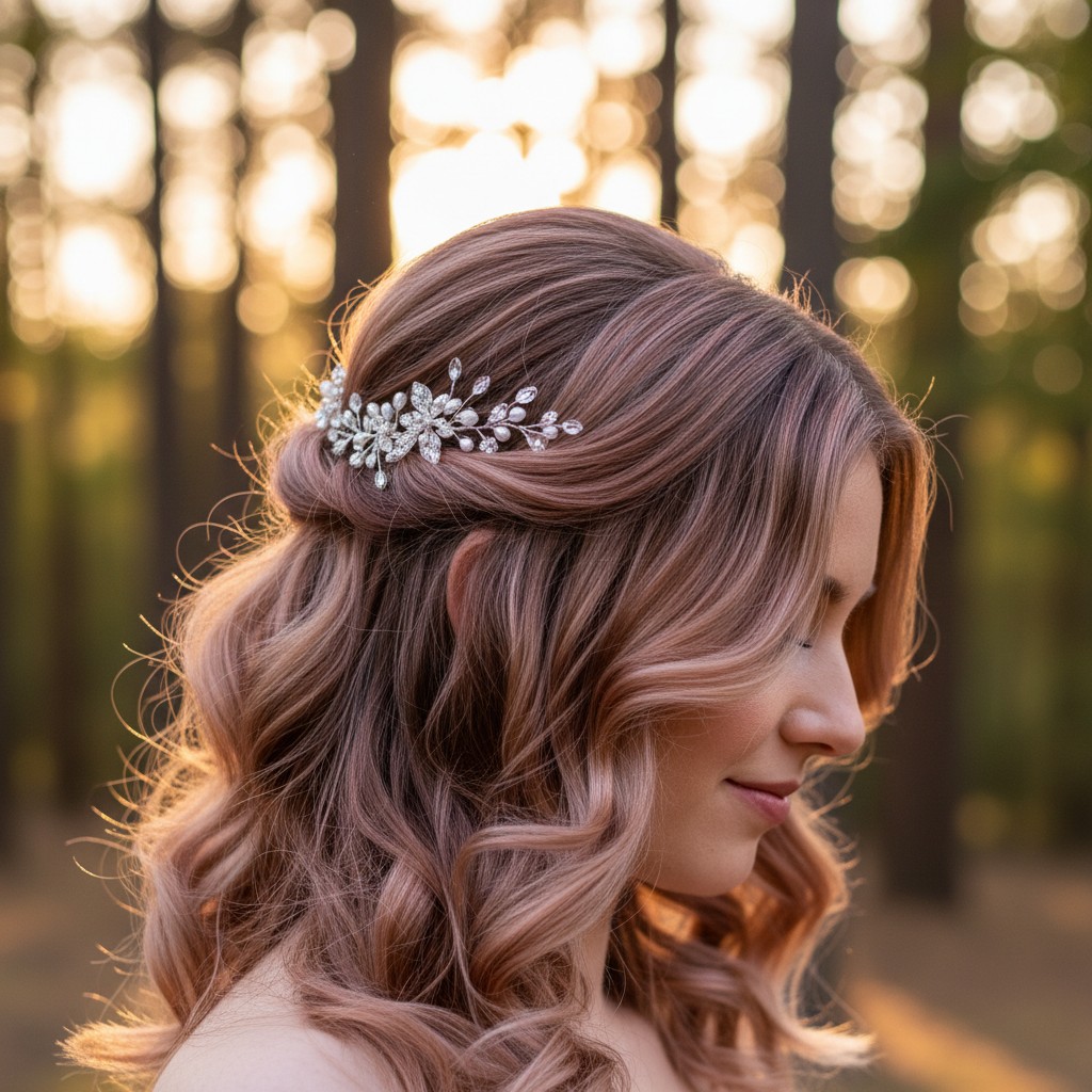 The woman has wavy, shoulder-length hair, no visible tattoos, and has two silver hair clips with leaves and flowers placed...